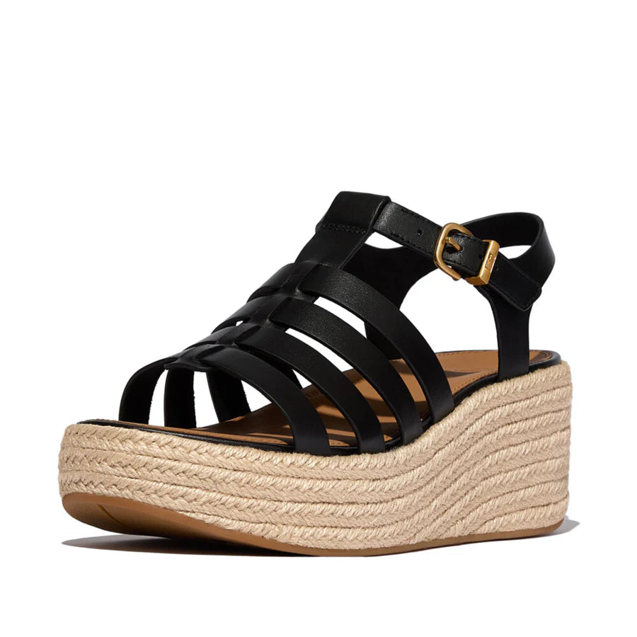 Fitflop black ESPADRILLE LEATHER FISHERMAN WEDGE sandal – Queue Shoes