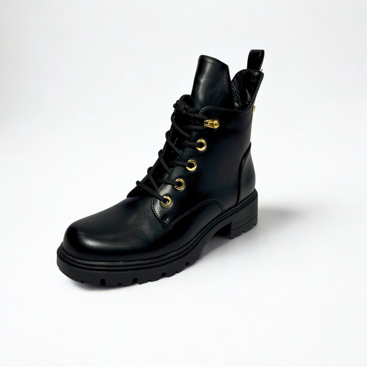 Plum Lace Up Ankle black faux leather boot with round toe, tonal lace-up front, cushioned collar, ankle support, and durable low-profile sole 2