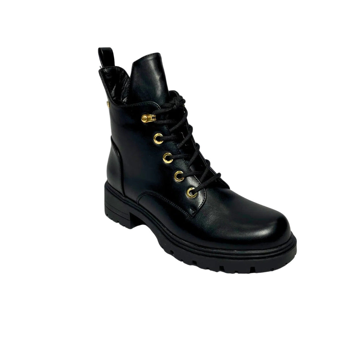 Plum Lace Up Ankle black faux leather boot with round toe, tonal lace-up front, cushioned collar, ankle support, and durable low-profile sole 2