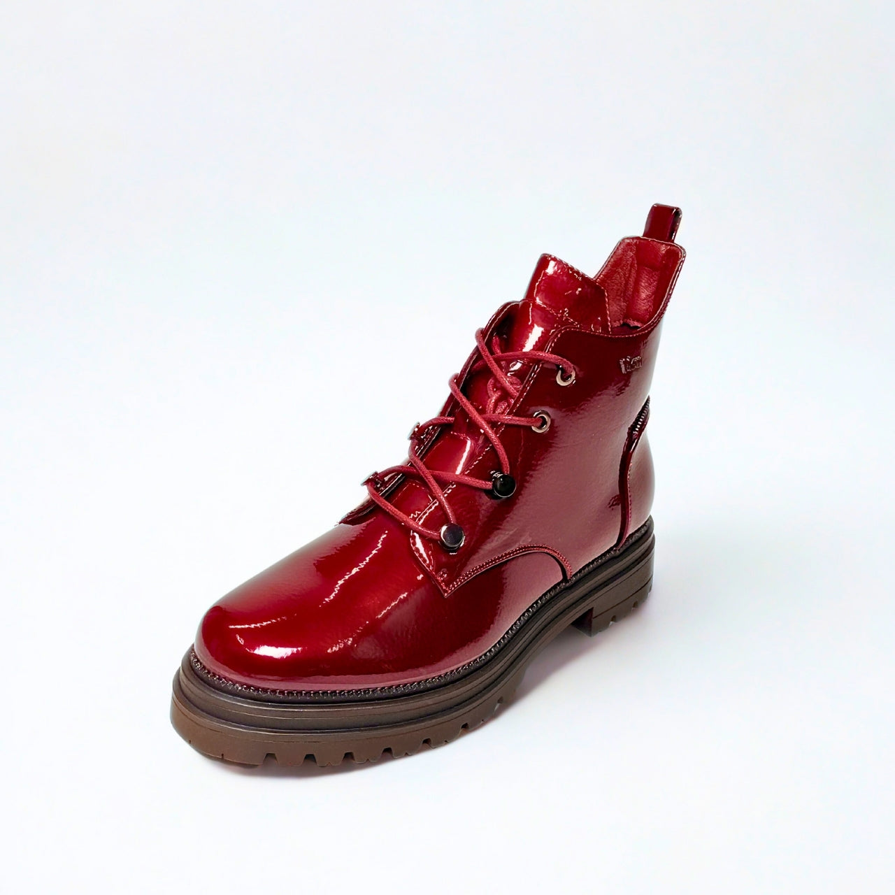 Burgundy faux leather chunky lace-up boots with gold eyelets, side zip, and thick treaded sole for bold street style.