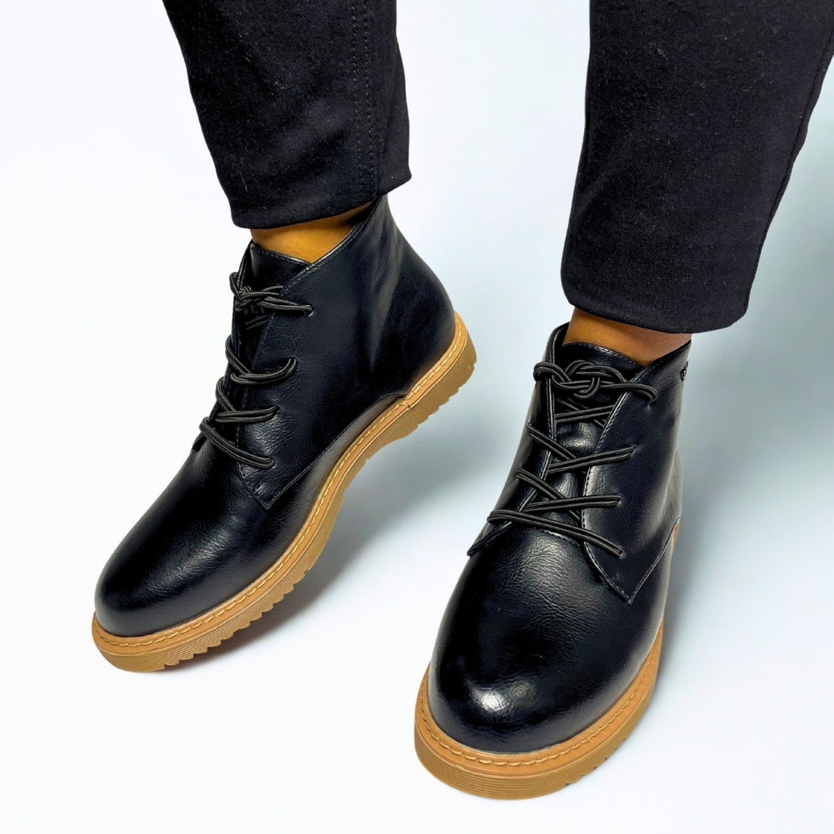 Plum Lace Up Ankle black faux leather boot with round toe, tonal lace-up front, cushioned collar, ankle support, and durable low-profile sole 1