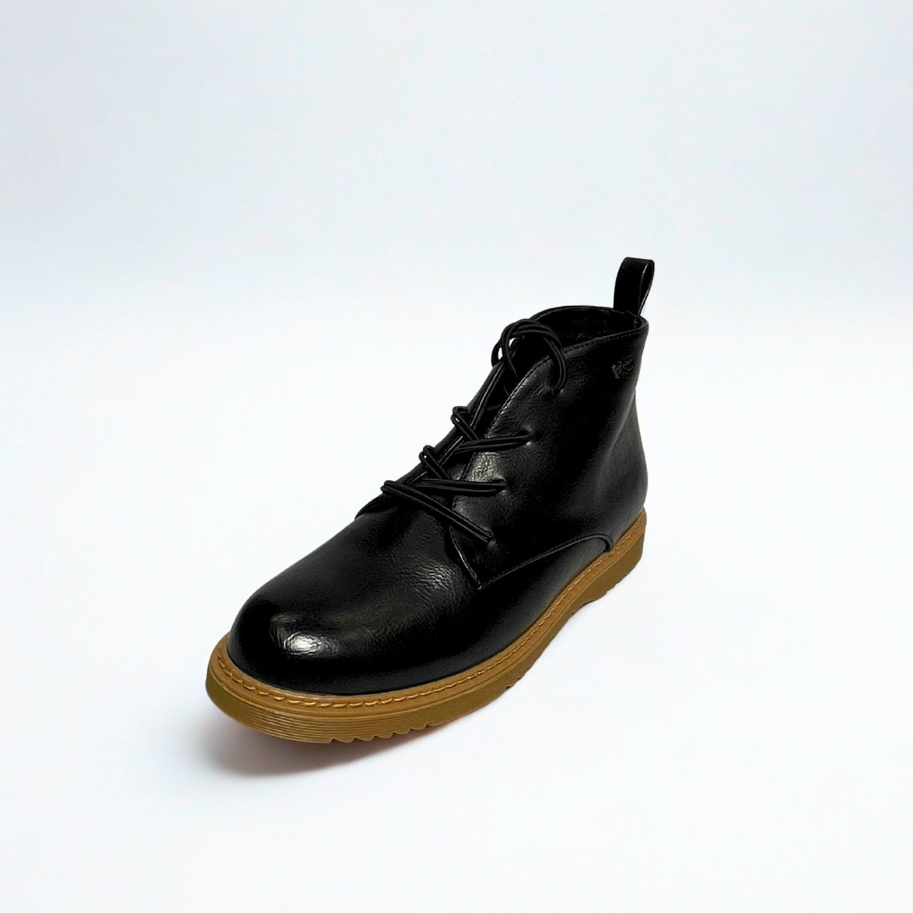 Plum Lace Up Ankle black faux leather boot with round toe, tonal lace-up front, cushioned collar, ankle support, and durable low-profile sole 2
