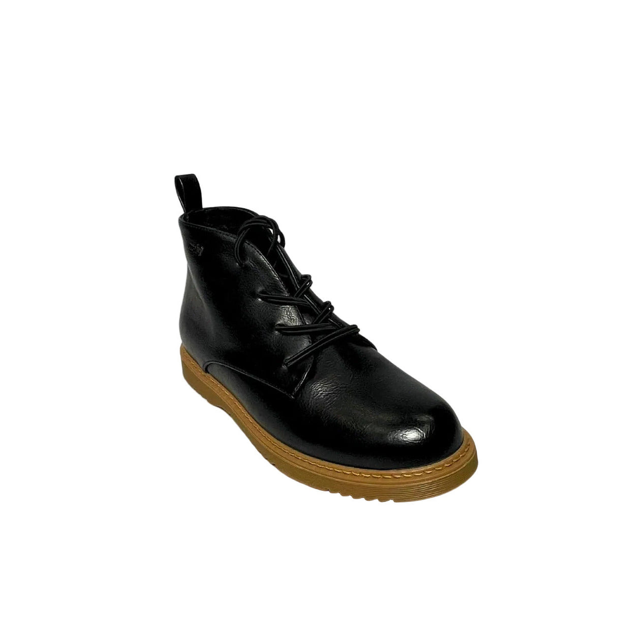Plum Lace Up Ankle black faux leather boot with round toe, tonal lace-up front, cushioned collar, ankle support, and durable low-profile sole 2