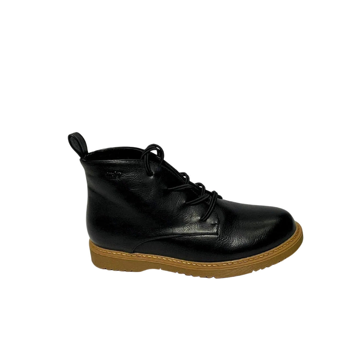 Plum Lace Up Ankle black faux leather boot with round toe, tonal lace-up front, cushioned collar, ankle support, and durable low-profile sole 3
