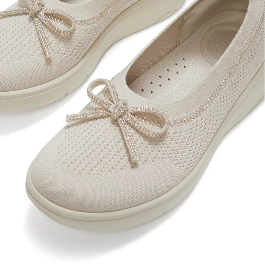 Fitflop SUPER-Q Bow Crystal-Trim Knit Ballet Flats - Paris Beige