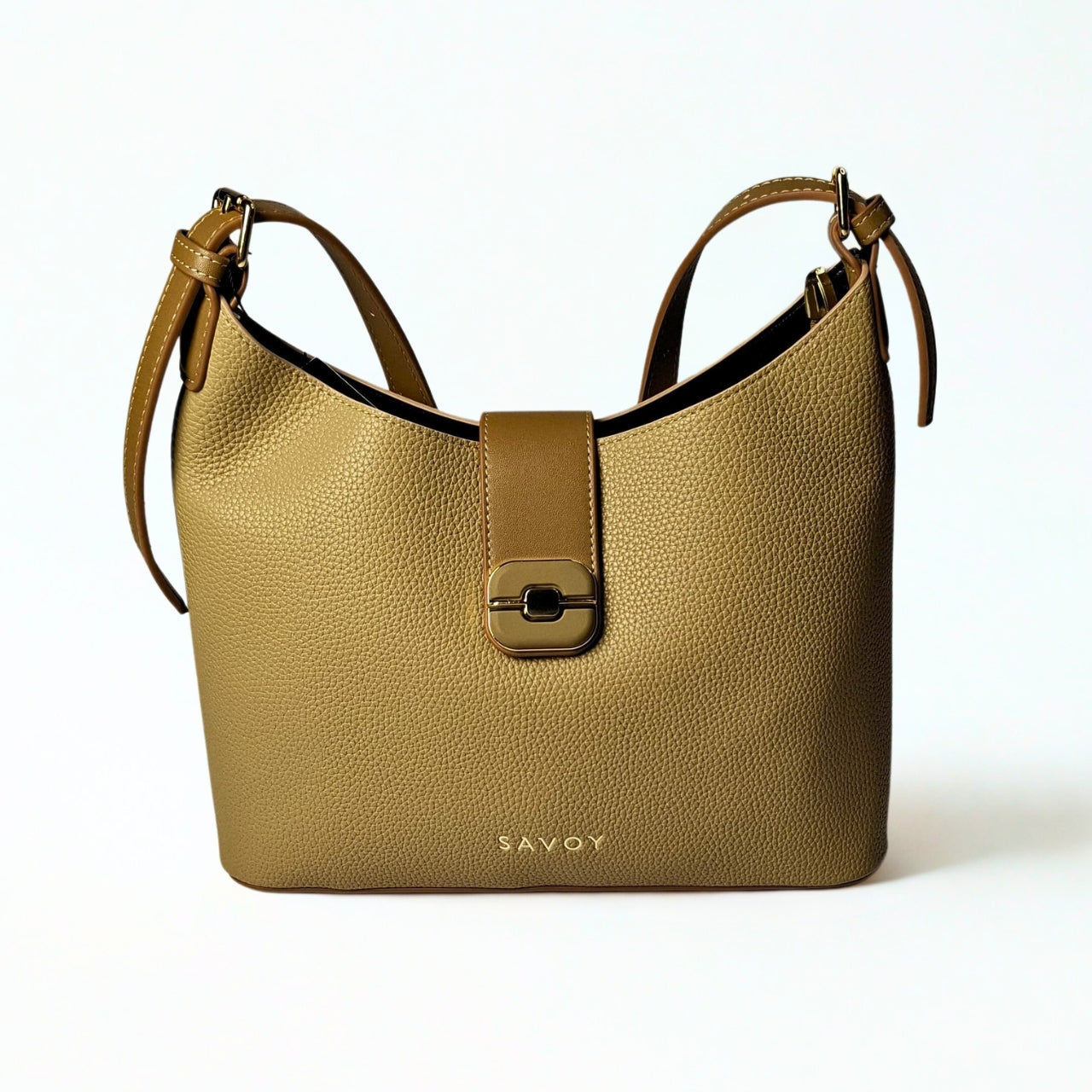 Savoy U-Shaped Handbag in camel – structured pebbled leather bag with gold-tone push-lock flap, adjustable strap, and minimalist SAVOY branding 1