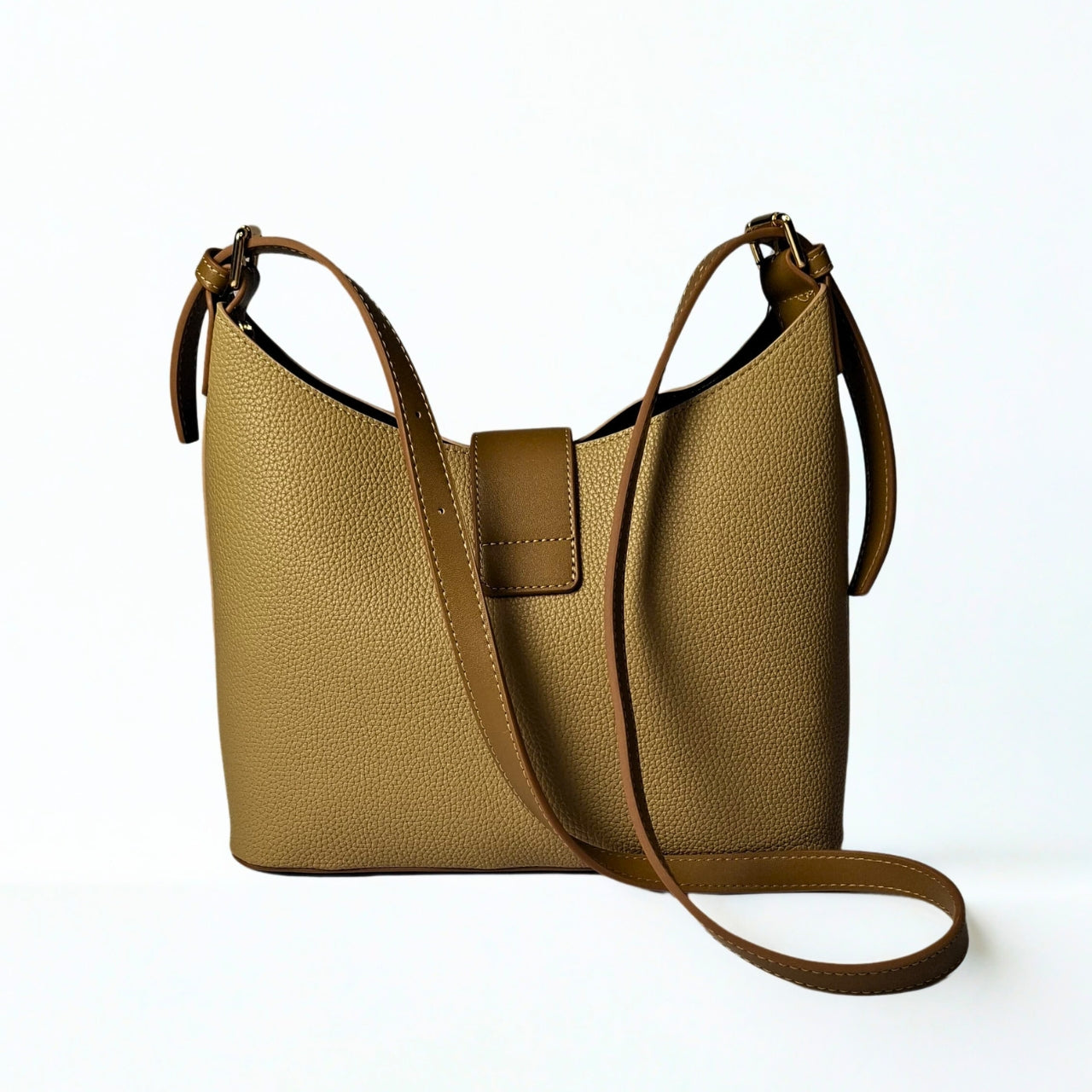 Savoy U-Shaped Handbag in camel – structured pebbled leather bag with gold-tone push-lock flap, adjustable strap, and minimalist SAVOY branding 2