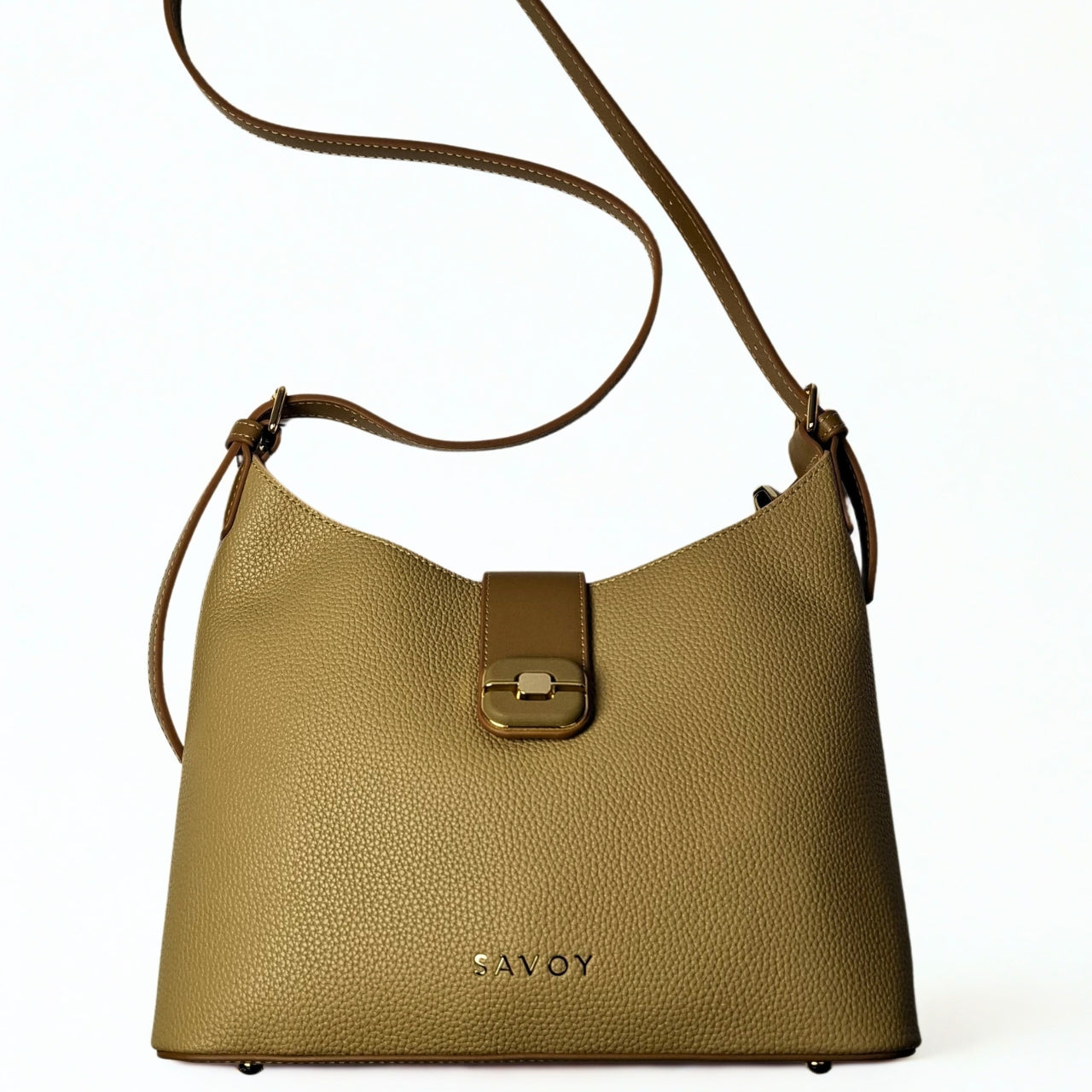 Savoy U-Shaped Handbag in camel – structured pebbled leather bag with gold-tone push-lock flap, adjustable strap, and minimalist SAVOY branding 3