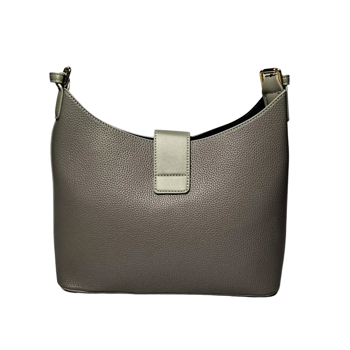 Savoy U-Shaped Handbag in grey â structured pebbled leather bag with gold-tone push-lock flap, adjustable strap, and minimalist SAVOY branding 2