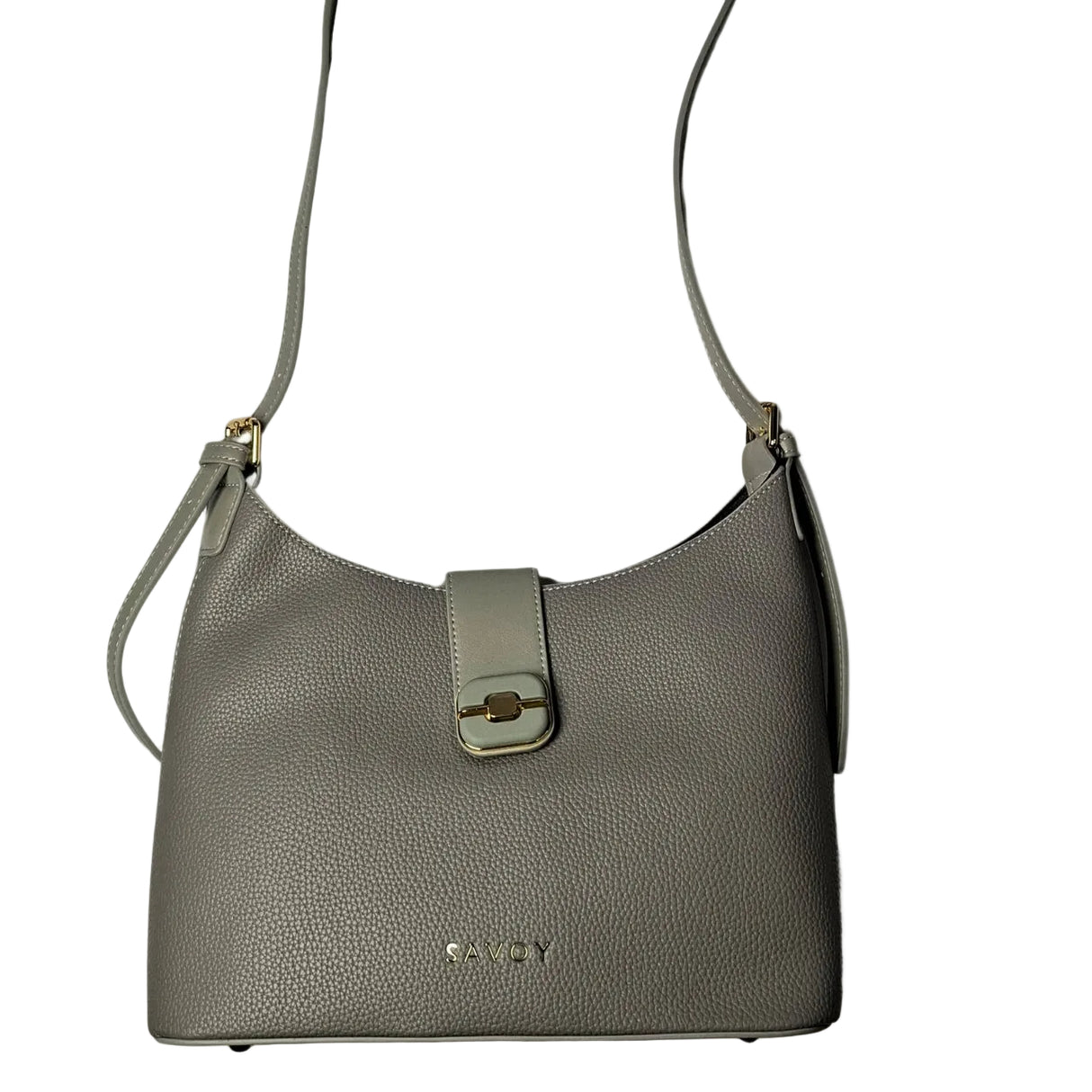 Savoy U-Shaped Handbag in grey â structured pebbled leather bag with gold-tone push-lock flap, adjustable strap, and minimalist SAVOY branding 3