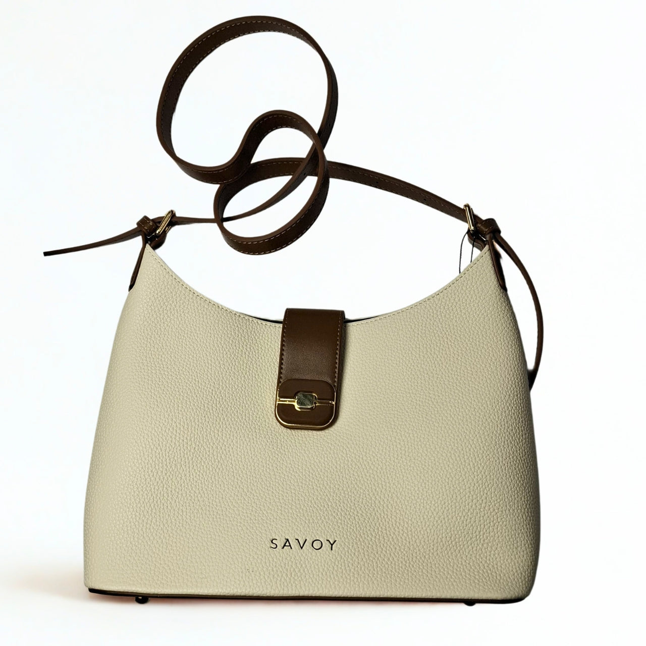 Savoy U-Shaped Handbag in ivory – structured pebbled leather bag with gold-tone push-lock flap, adjustable strap, and minimalist SAVOY branding 1