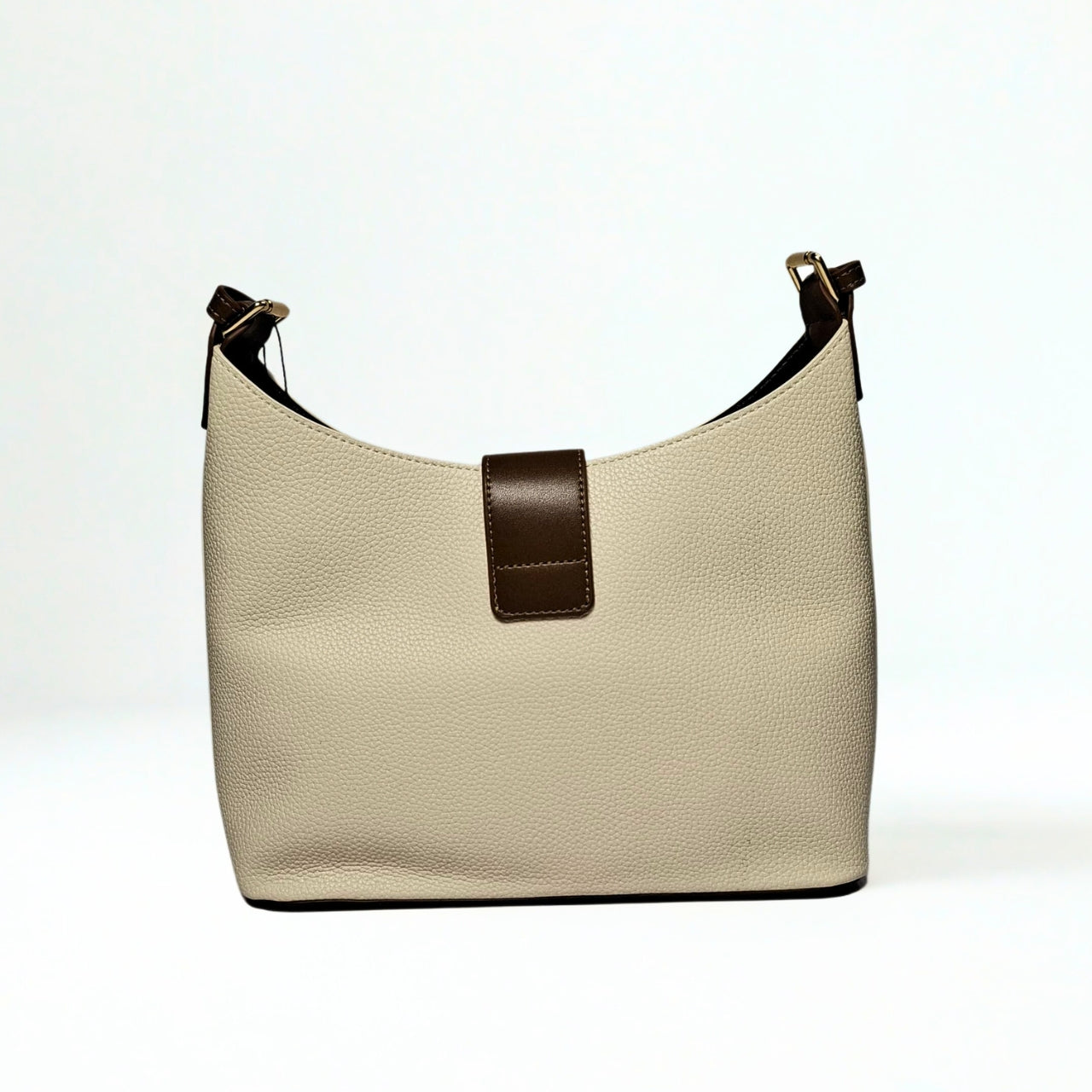Savoy U-Shaped Handbag in ivory – structured pebbled leather bag with gold-tone push-lock flap, adjustable strap, and minimalist SAVOY branding 2