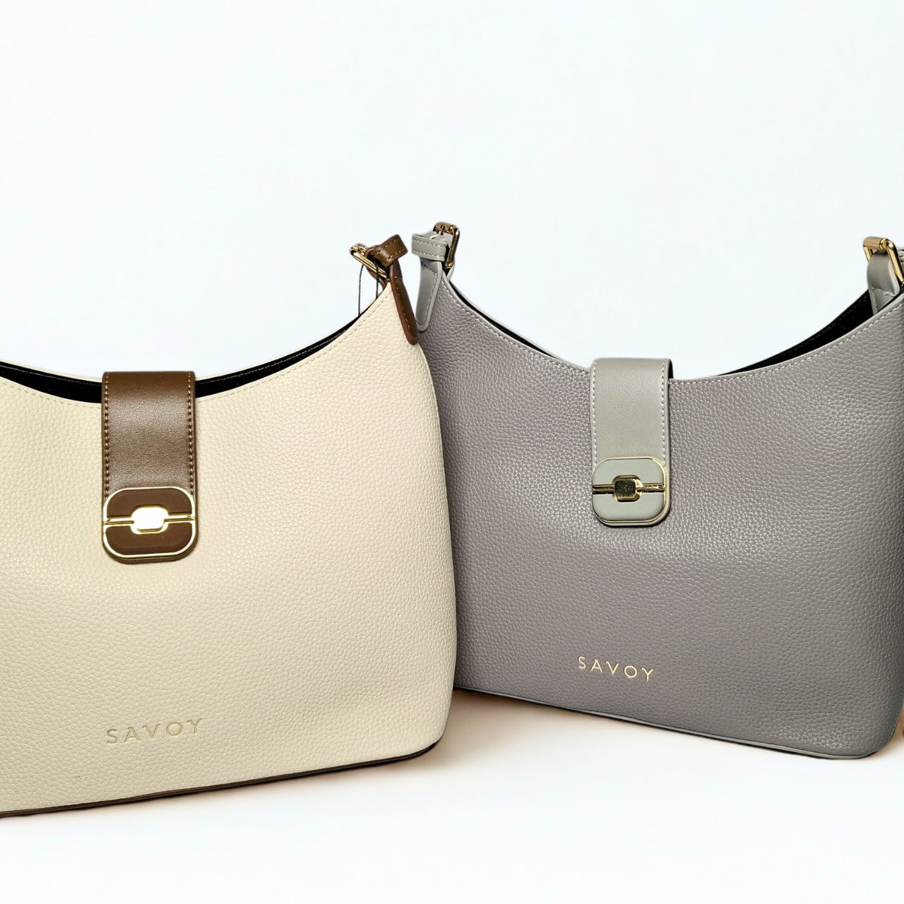 Savoy U-Shaped Handbag in ivory – structured pebbled leather bag with gold-tone push-lock flap, adjustable strap, and minimalist SAVOY branding 3