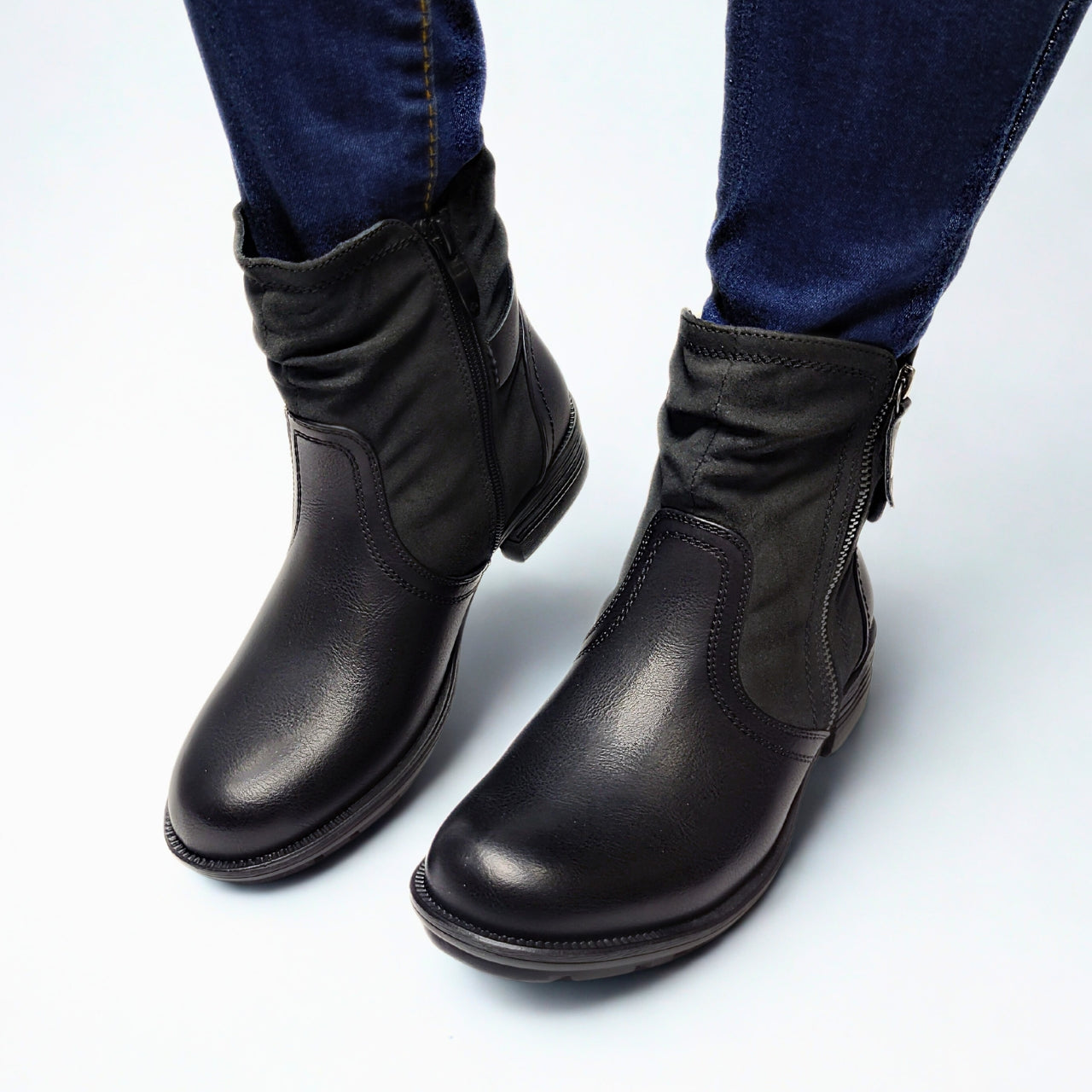 Savoy Combo Black Ankle Boot – mixed material upper, side zip, ruched design, low stacked heel, and cushioned footbed for all-day comfort 1