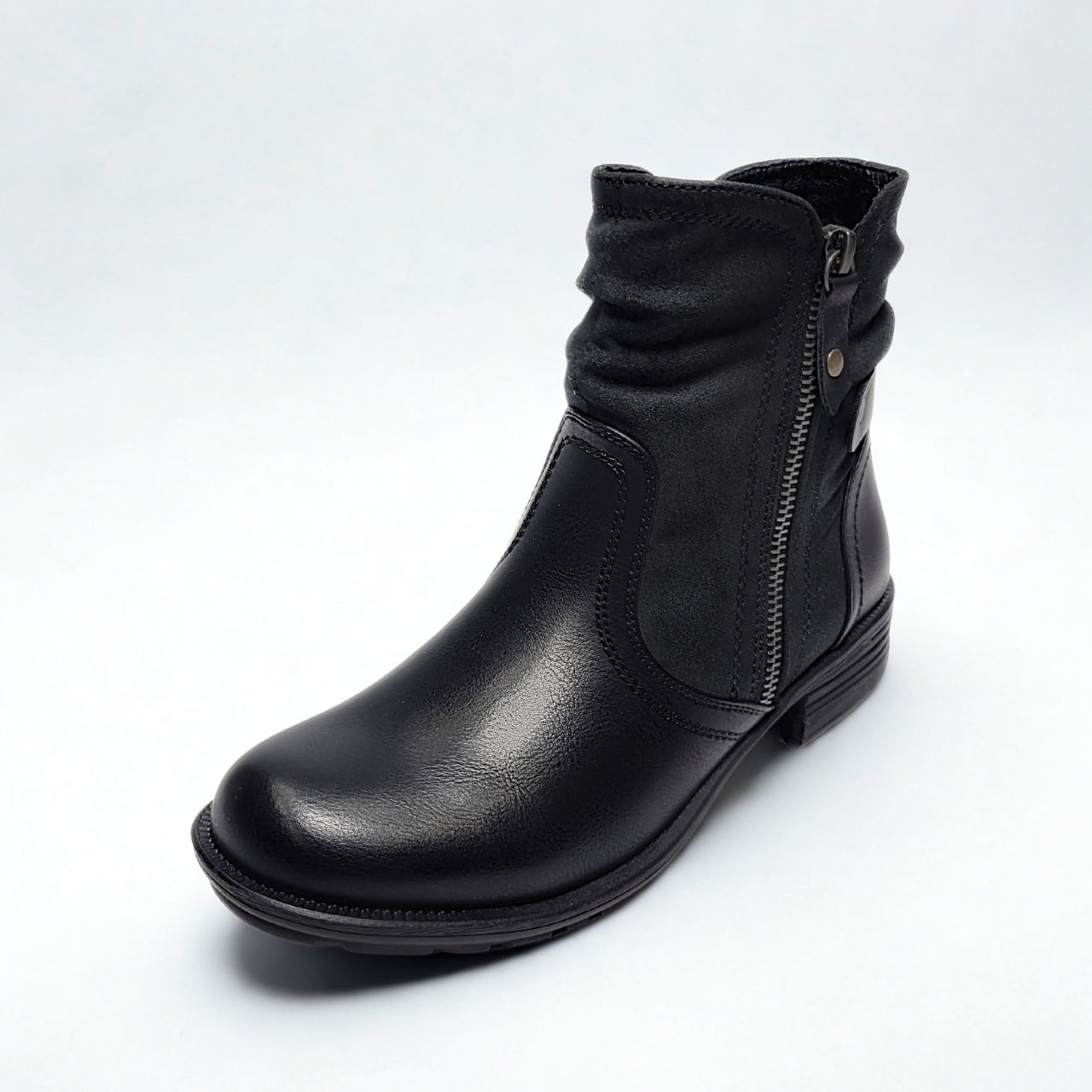 Savoy Combo Black Ankle Boot – mixed material upper, side zip, ruched design, low stacked heel, and cushioned footbed for all-day comfort 2