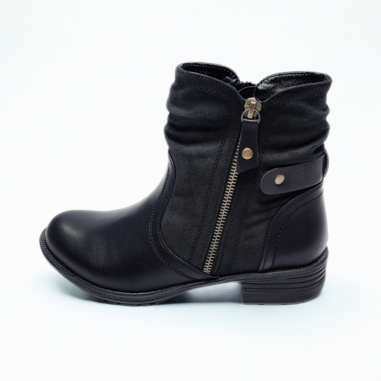 Savoy Combo Black Ankle Boot – mixed material upper, side zip, ruched design, low stacked heel, and cushioned footbed for all-day comfort 3