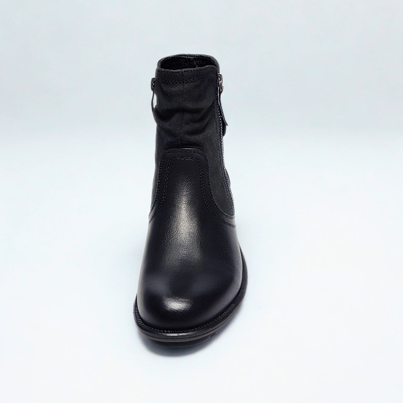 Savoy Combo Black Ankle Boot – mixed material upper, side zip, ruched design, low stacked heel, and cushioned footbed for all-day comfort 4