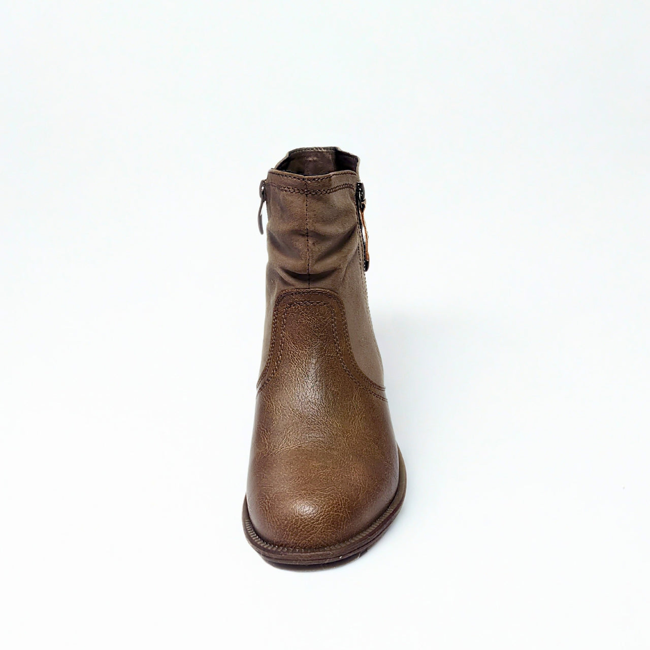 Savoy Combo Taupe Ankle Boot – mixed material upper, side zip, ruched design, low stacked heel, and cushioned footbed for all-day comfort 4