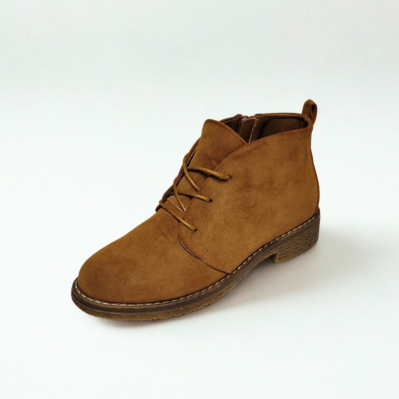 Savoy Suede Tan Ankle Boot – lace-up front, side zip, low stacked heel, cushioned footbed, and textured rubber outsole for all-day comfort 2