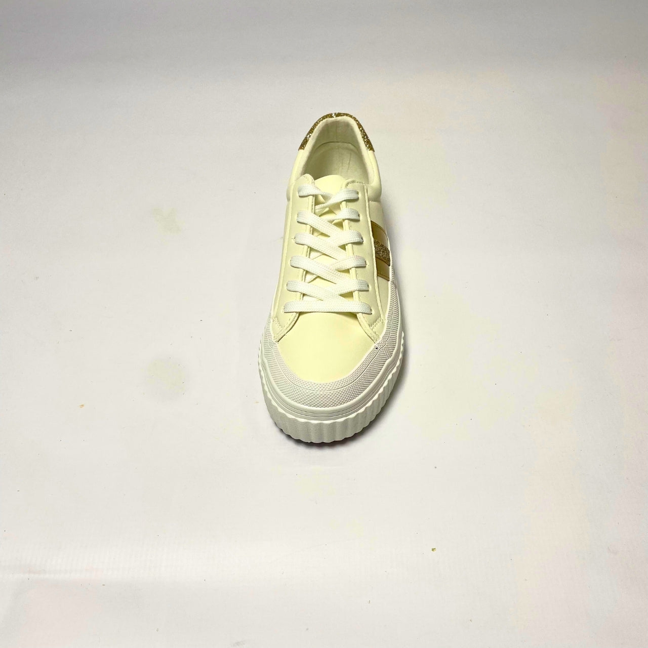 Savoy White Lace-Up Sneaker with Gold Detail – a stylish and comfortable sneaker featuring a synthetic upper, gold stripe accents, and a glitter heel. Designed with a cushioned insole, chunky rubber sole, and secure lace-up closure. Perfect for casual wear and athleisure looks. 4