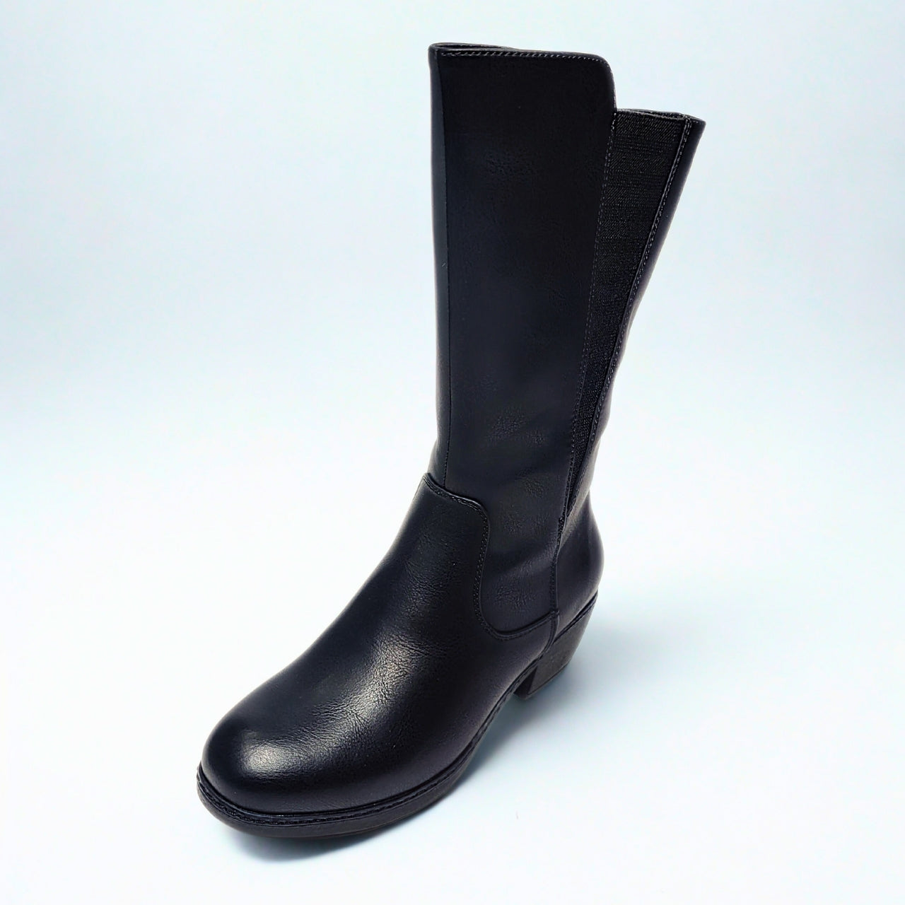 Savoy knee-high black faux leather boot with block heel and side zip closure. 2