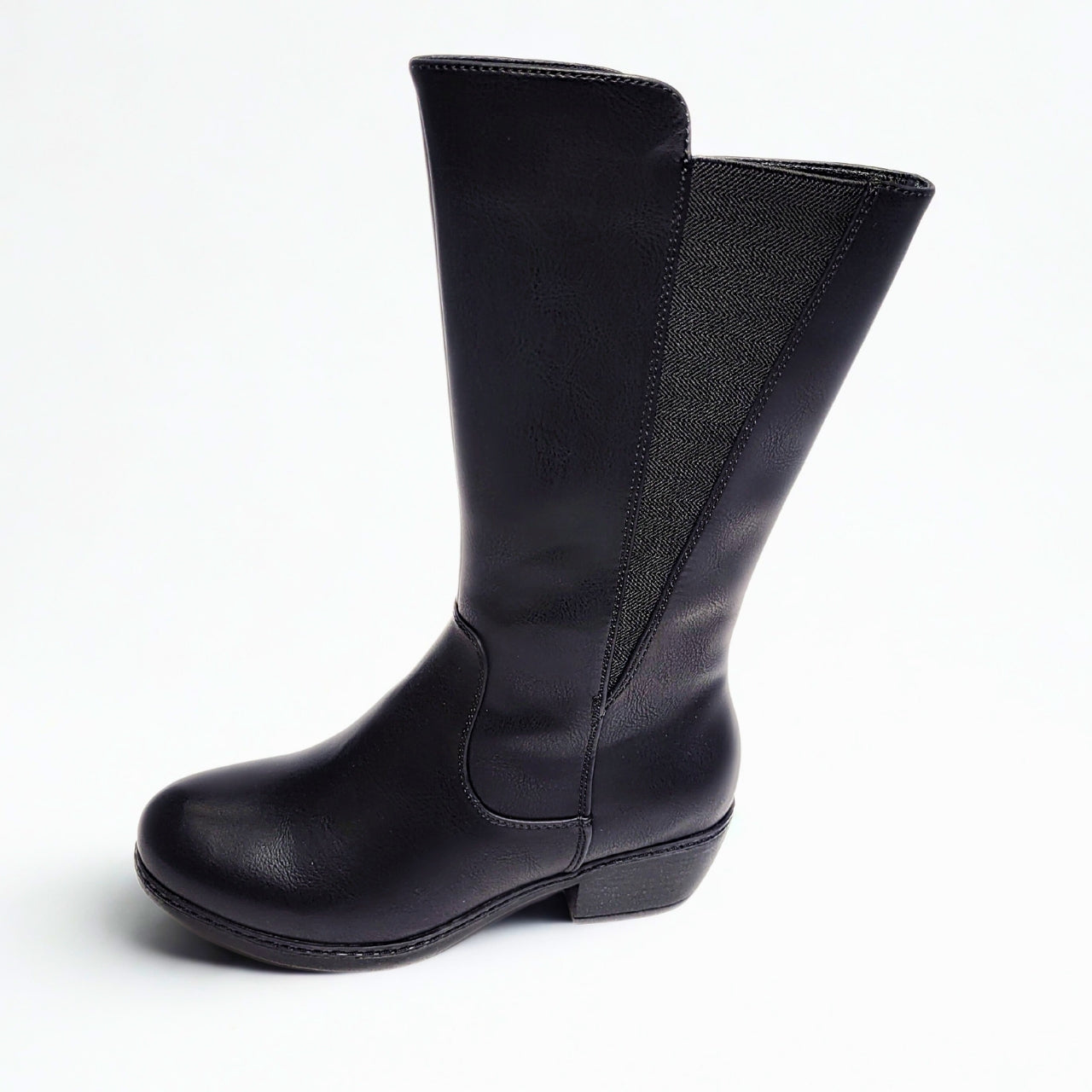 Savoy knee-high black faux leather boot with block heel and side zip closure. 3