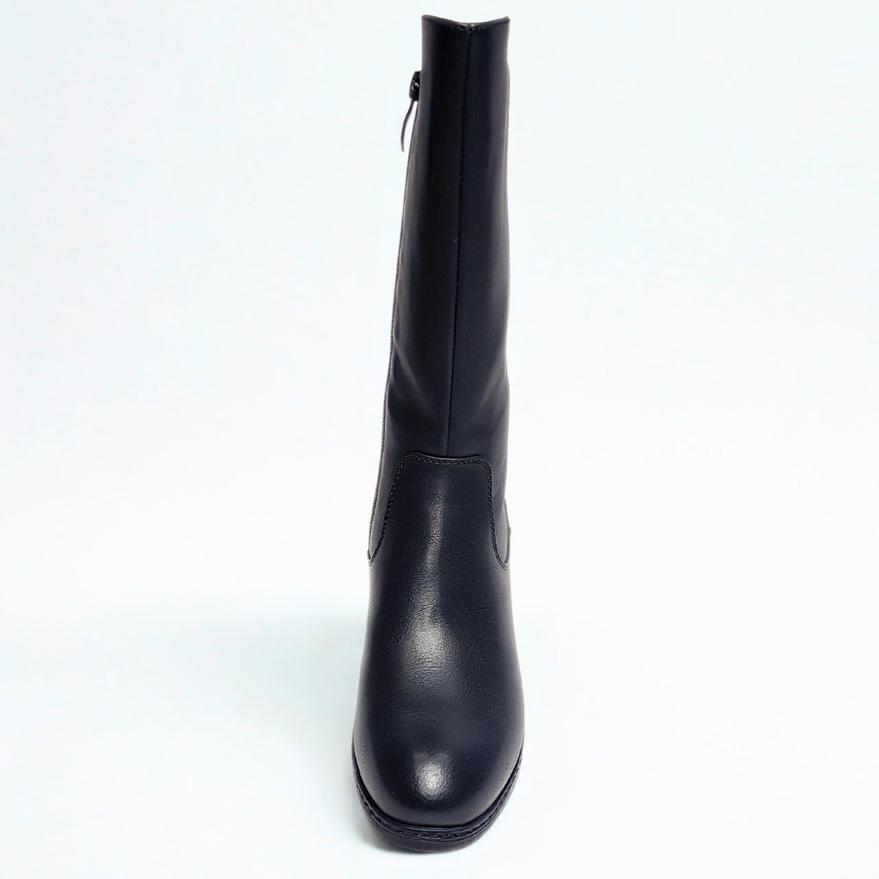 Savoy knee-high black faux leather boot with block heel and side zip closure. 4