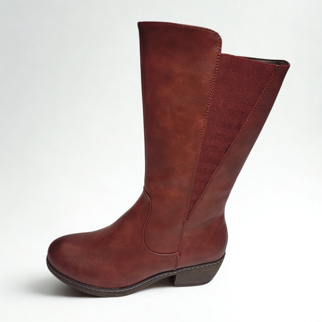 Savoy knee-high red faux leather boot with block heel and side zip closure. 3