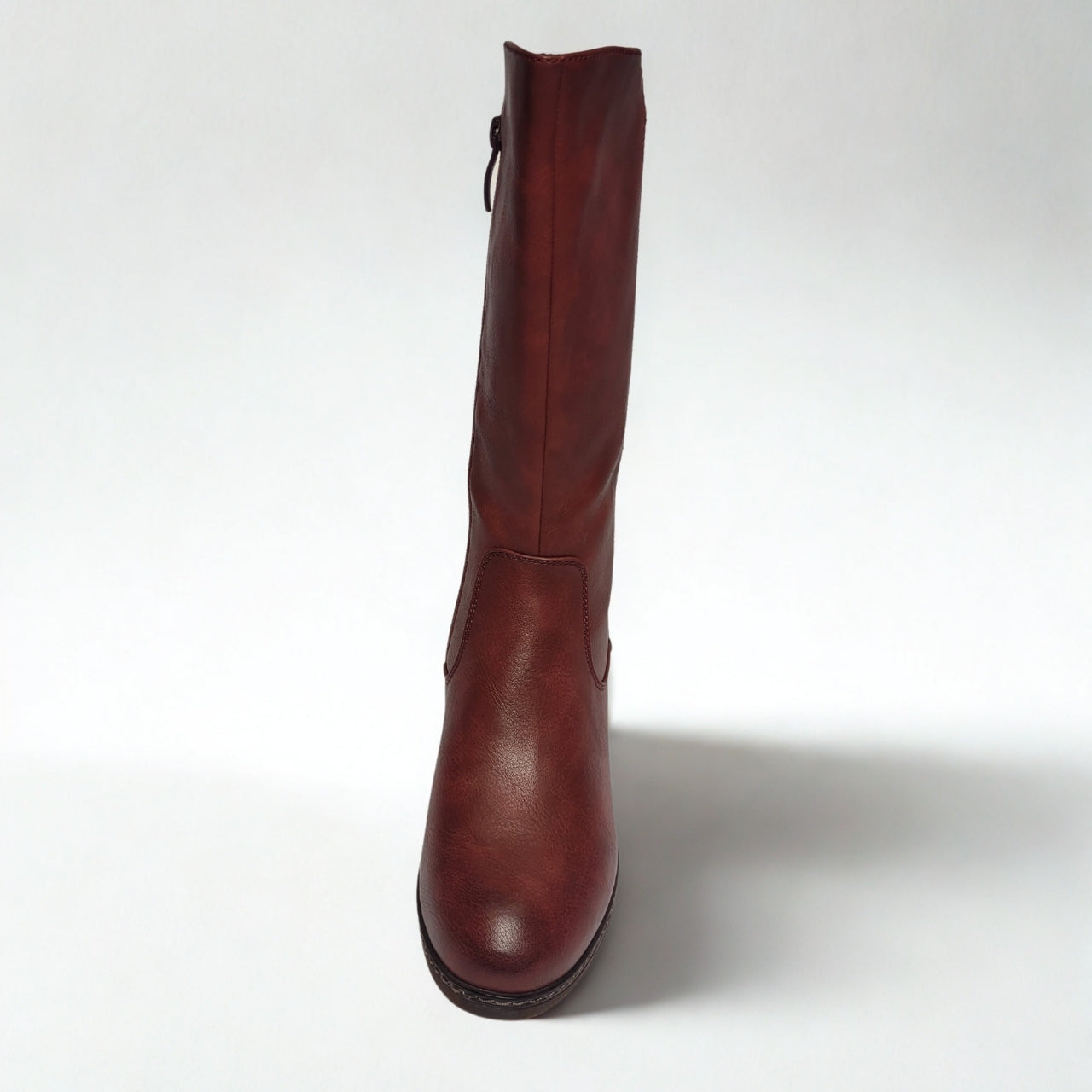Savoy knee-high red faux leather boot with block heel and side zip closure. 4