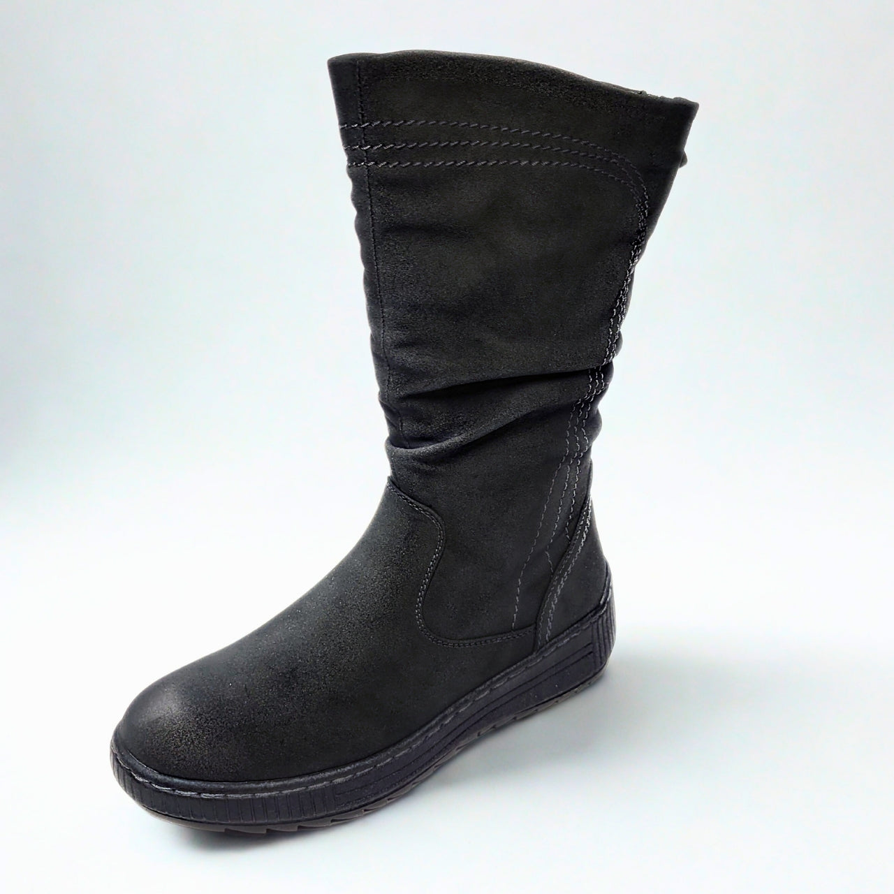 Savoy mid-calf black boot in ruched faux suede with side zip and cushioned sole. 2