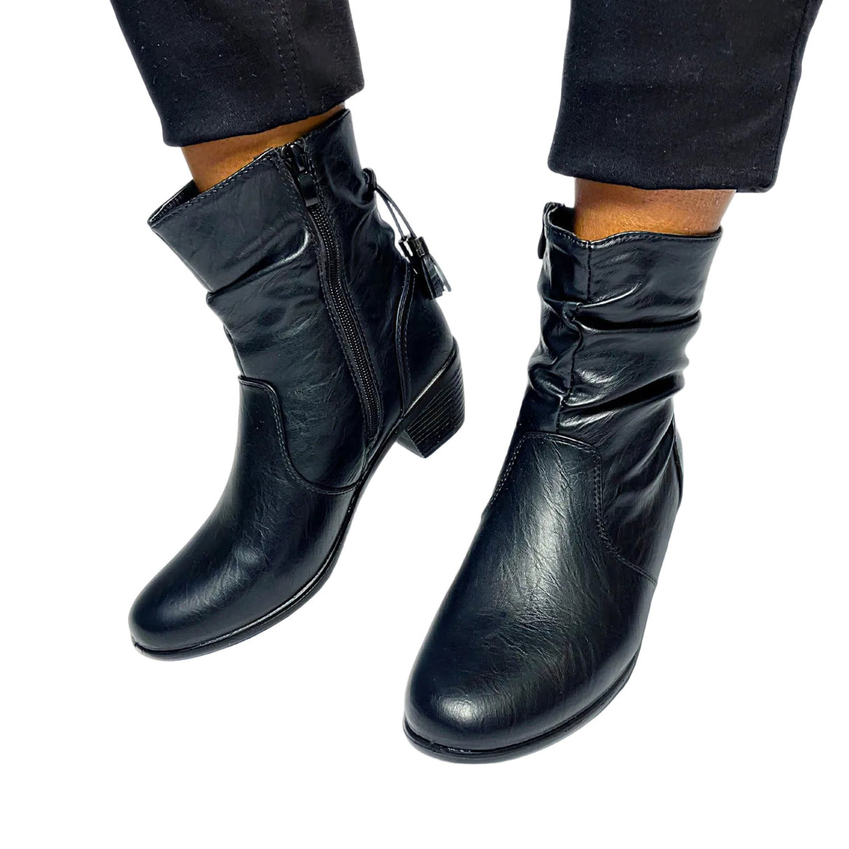 Black mid-calf boot with ruched faux leather, side tassel zip, and low block heel for stylish everyday wear.