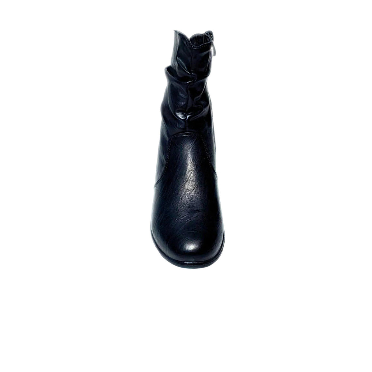 Black mid-calf boot with ruched faux leather, side tassel zip, and low block heel for stylish everyday wear.