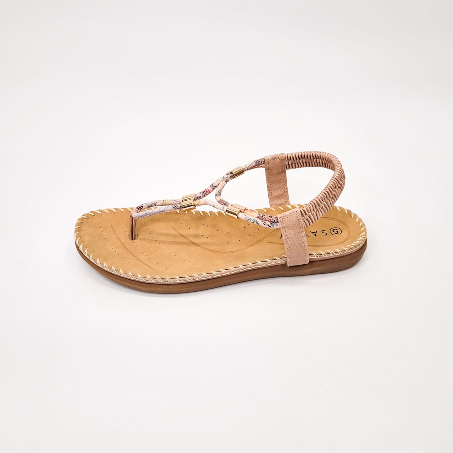 Savoy Pink toe thong sandal with elasticated slingback and gold detail, perfect for stylish and comfortable summer wear. 3
