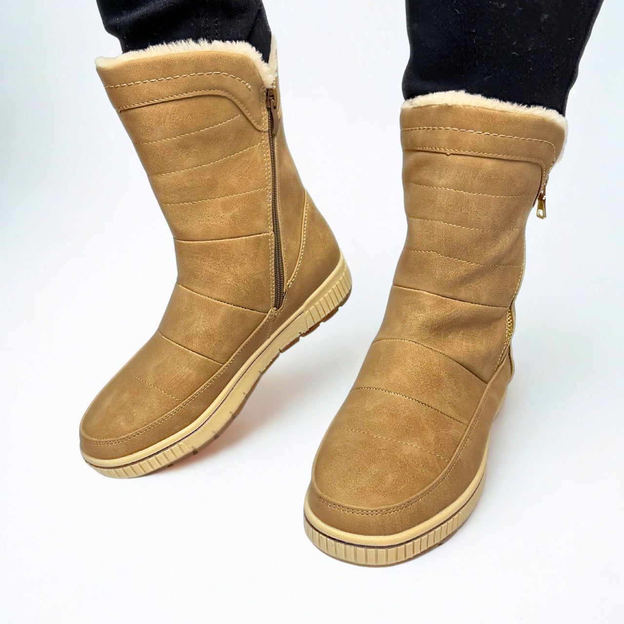 Taupe mid-calf winter boot with gold side zip, faux-fur lining, and grip sole — stylish and warm for cold days.