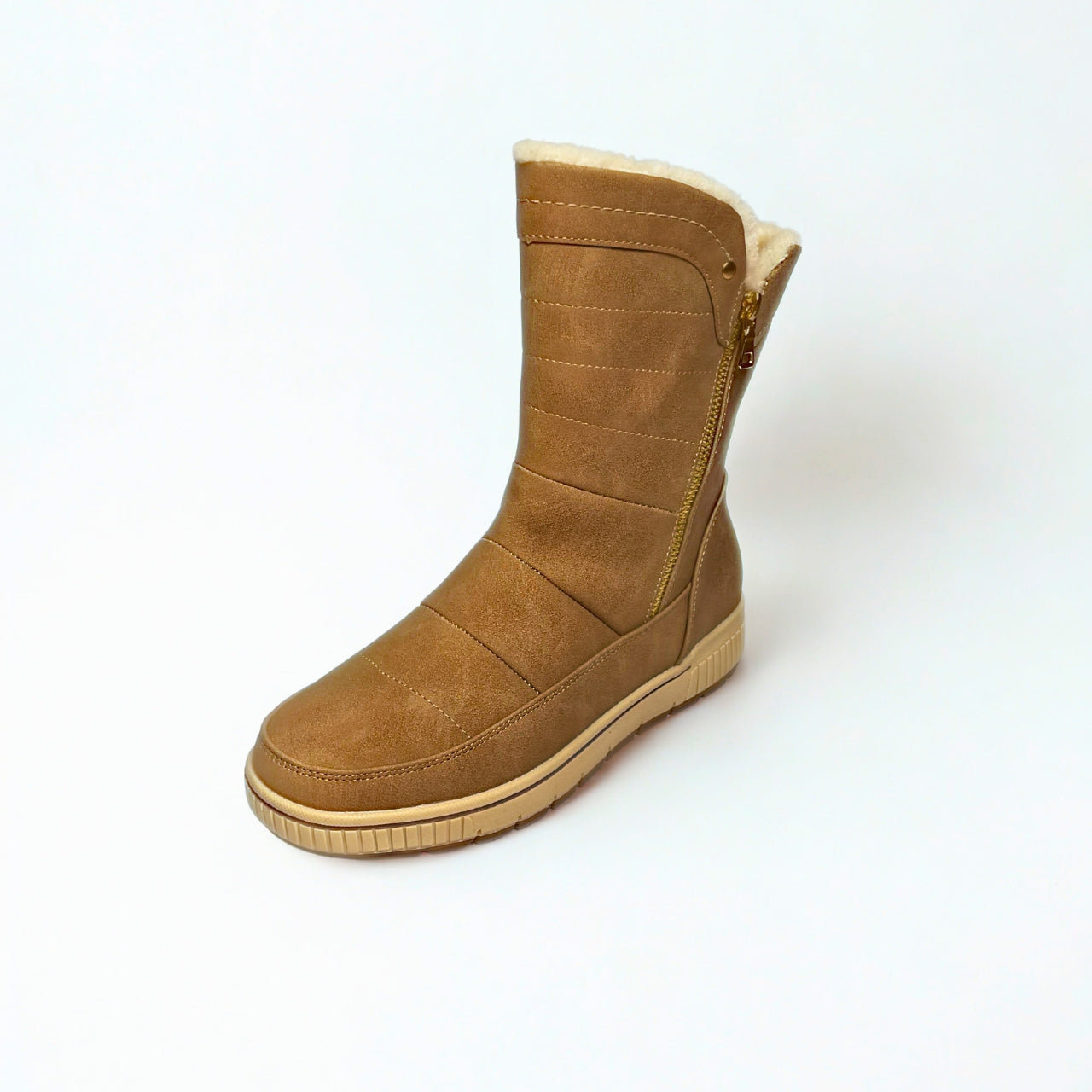 Taupe mid-calf winter boot with gold side zip, faux-fur lining, and grip sole — stylish and warm for cold days.