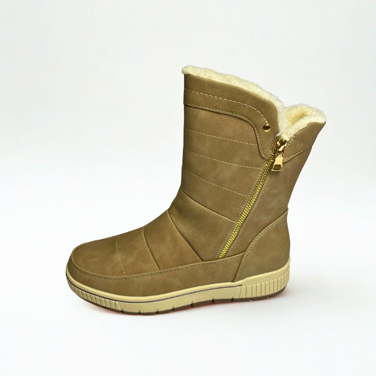 Taupe mid-calf winter boot with gold side zip, faux-fur lining, and grip sole — stylish and warm for cold days.