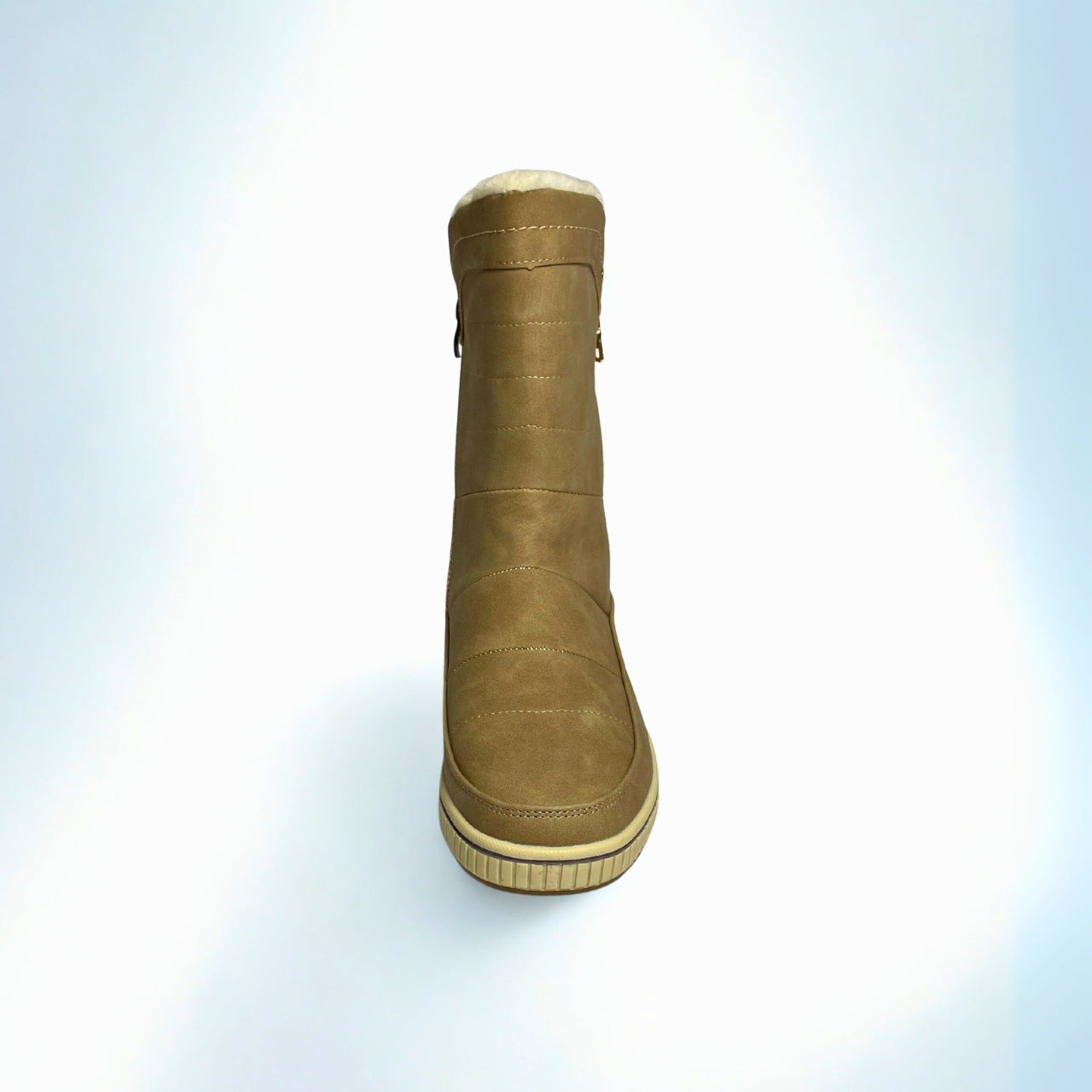 Taupe mid-calf winter boot with gold side zip, faux-fur lining, and grip sole — stylish and warm for cold days. 4