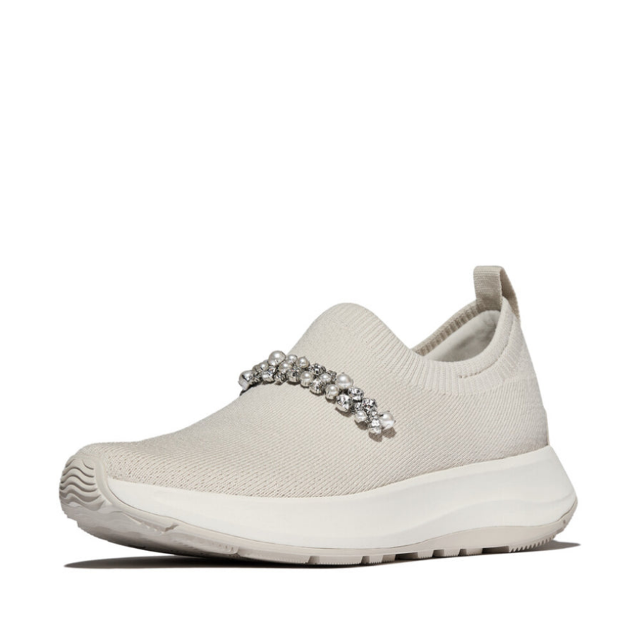Fitflop Paris Beige F-mode Pearl & Crystal Knit Trainer – side view
