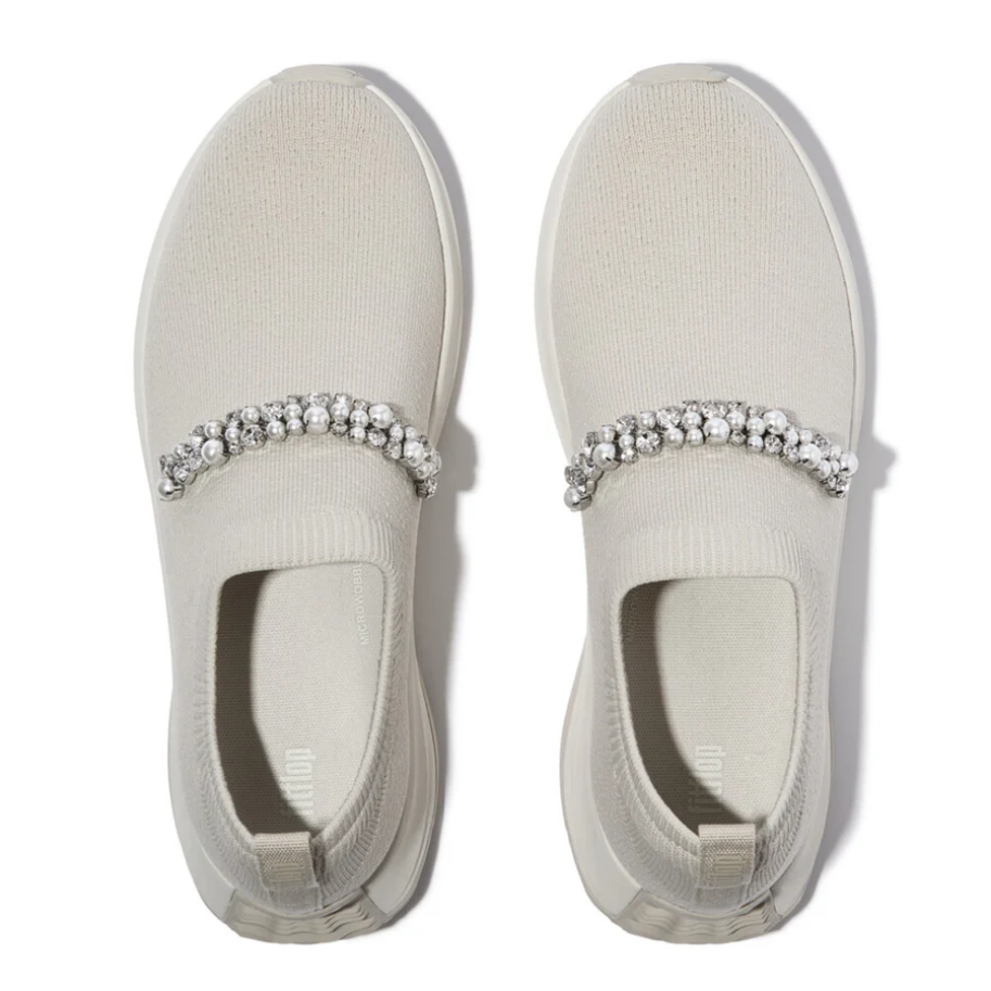 Fitflop Paris Beige F-mode Pearl & Crystal Knit Trainer – detail shot