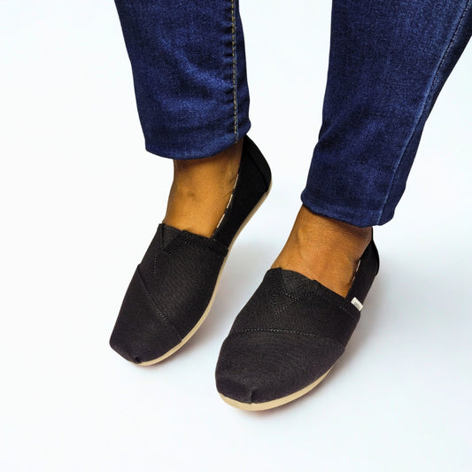 TOMS Alpargata Classic black slip-on – recycled cotton upper, eco-friendly comfort insole, elastic gore, and flexible TPR outsole 1