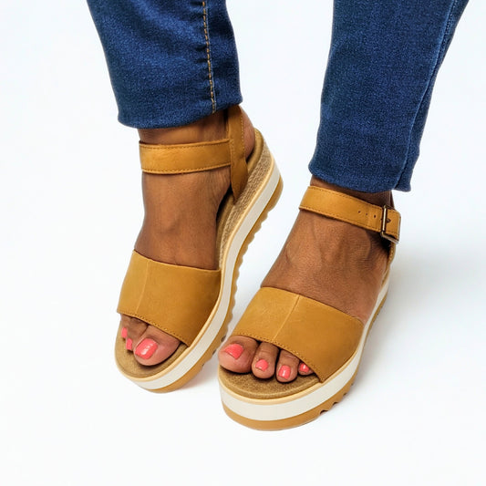 TOMS Diana tan wedge sandal with leather and textile upper, 2.75-inch rope-wrapped heel, adjustable ankle strap, and Eco X40 Hybrid™ insole 1