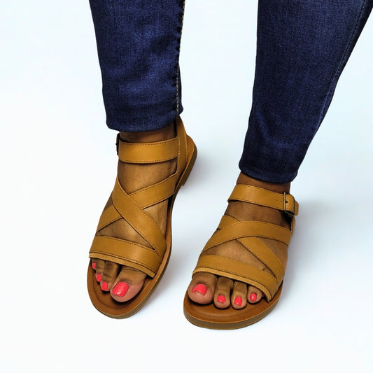 TOMS Sloane tan sandal – leather and suede upper, ankle strap with buckle, eco-friendly OrthoLite® insole, and TPR outsole for stylish everyday comfort 1