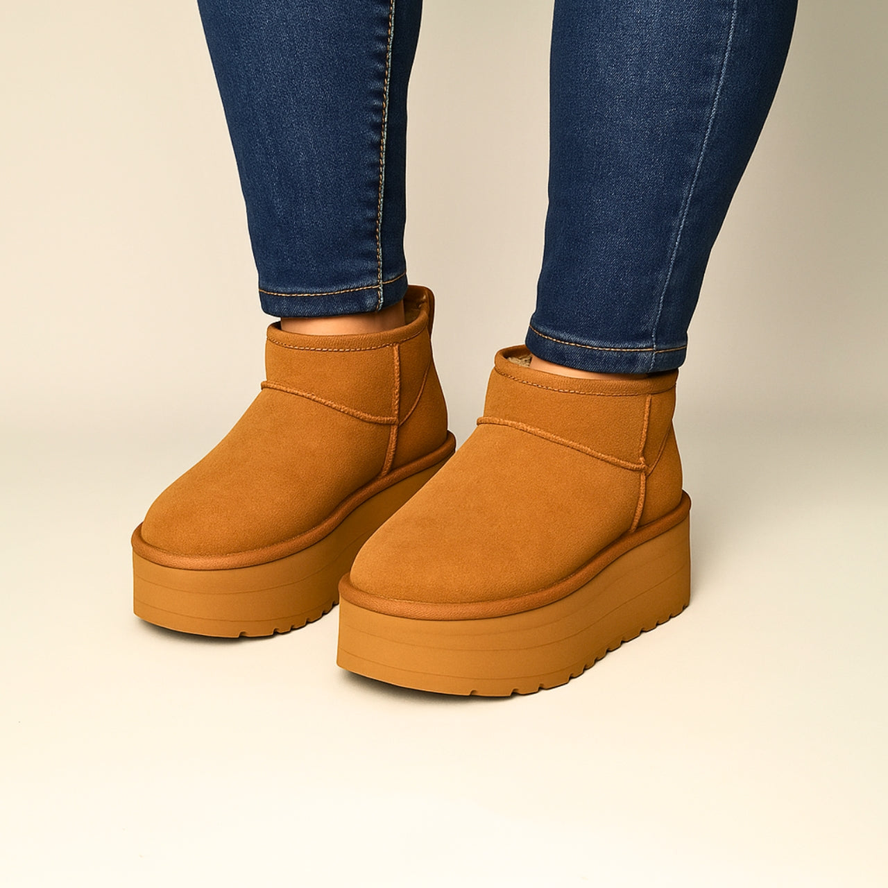 UGG Classic Ultra Mini Platform Boot in Chestnut – A stylish ankle-height boot featuring a suede upper with overlock stitch detailing and a rear pull tab. Designed with a cozy 17mm UGGplush™ lining and insole made from upcycled wool and TENCEL™ Lyocell. Built with a lightweight EVA midsole and a 2" platform Sugarcane EVA or Treadlite outsole for all-day comfort. Finished with an asymmetrical topline, polyester binding, and embossed UGG® logo on the suede heel. Shaft height: 3.5 inches. 1