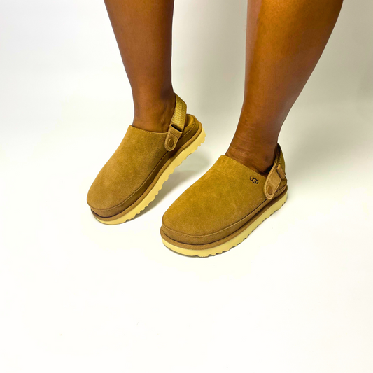 UGG Goldenstar chestnut clog with suede upper, adjustable heel strap, contoured EVA footbed & eco-friendly sugarcane EVA outsole. 1