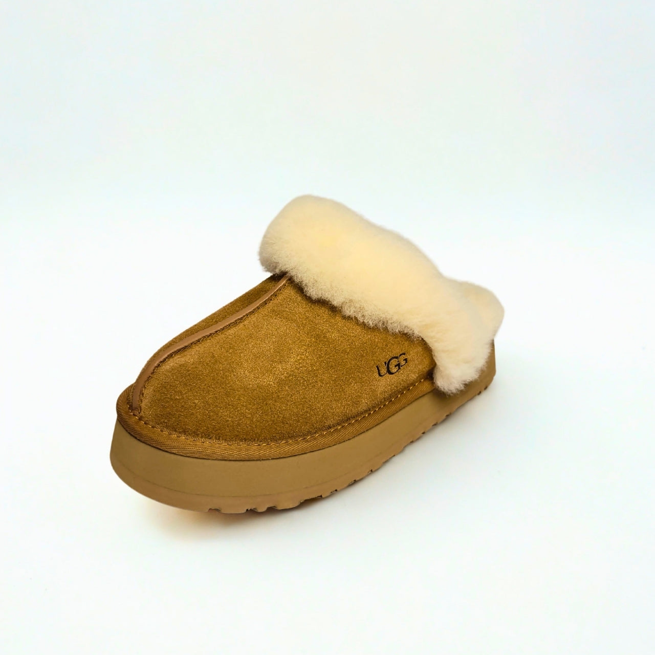 UGG Disquette chestnut suede slippers with 1-inch platform sole, sheepskin lining, and eco-friendly sugarcane EVA outsole 2