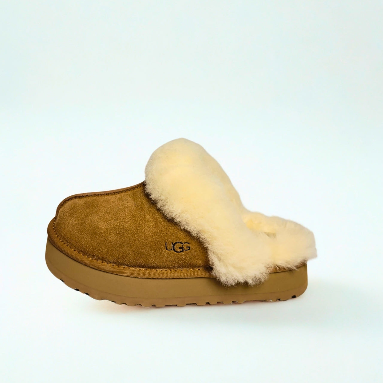 UGG Disquette chestnut suede slippers with 1-inch platform sole, sheepskin lining, and eco-friendly sugarcane EVA outsole 3