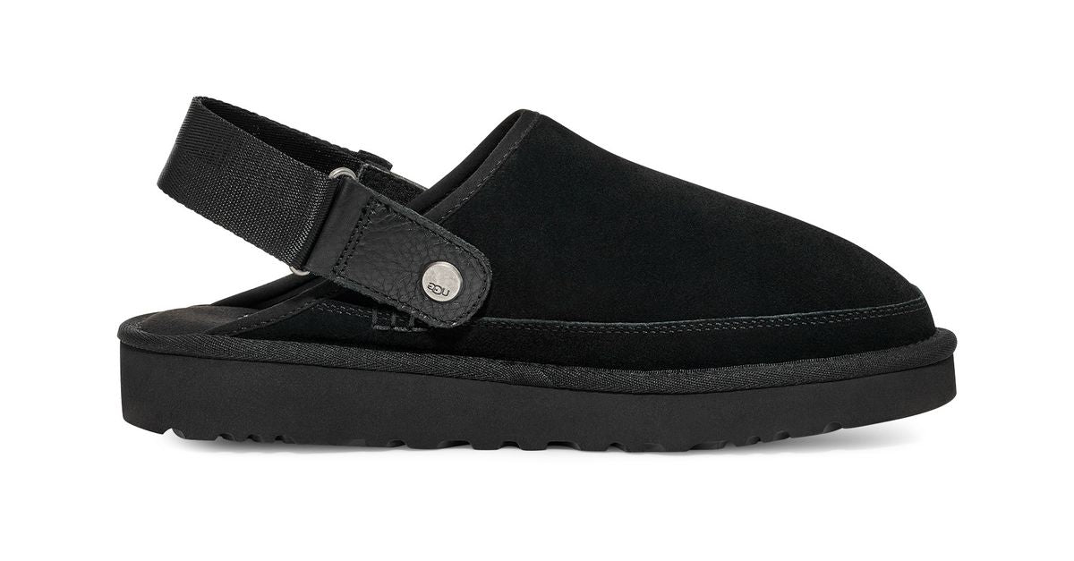 UGG men's Goldenstar black suede clog with adjustable heel strap and EVA sole.
3