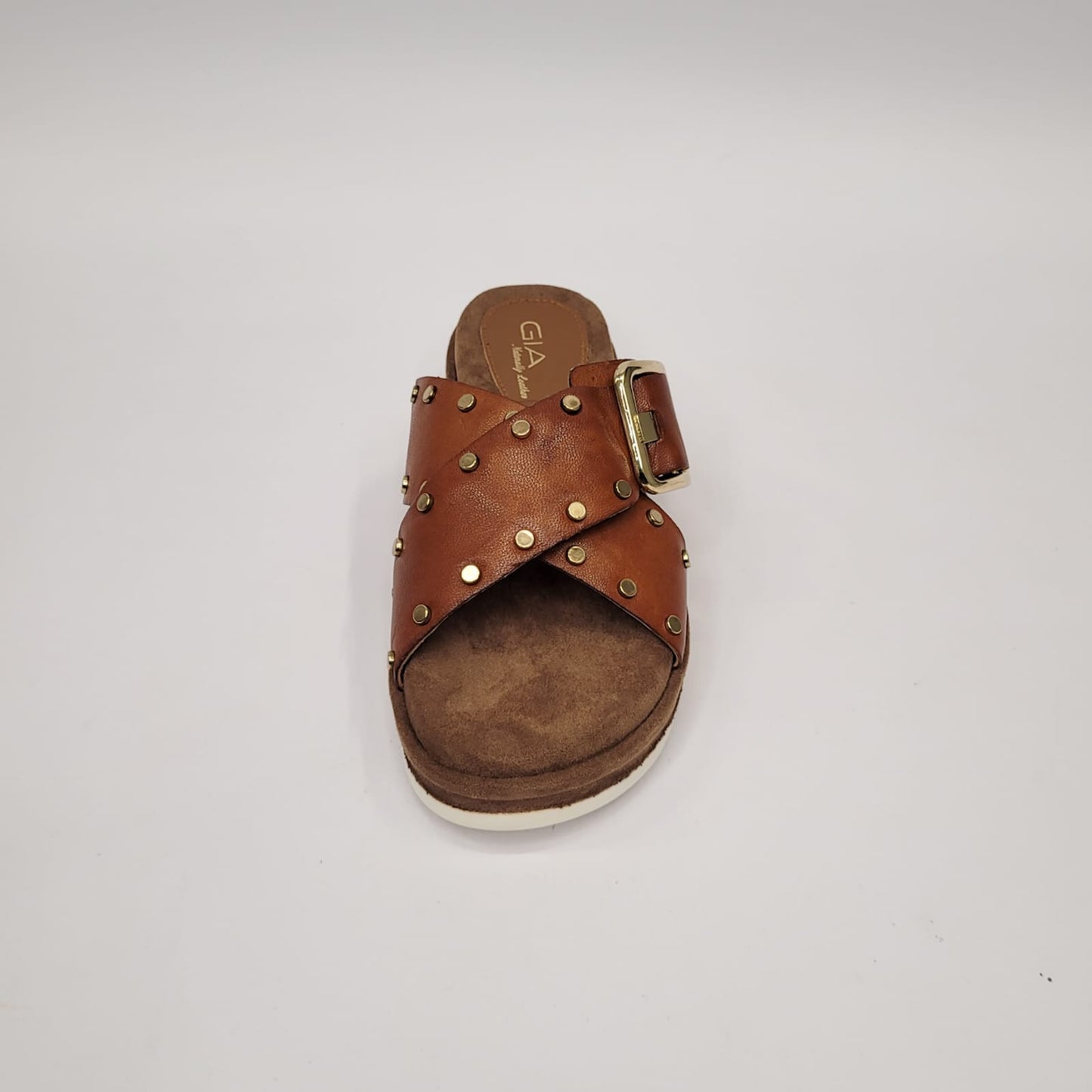 Gia leather tan crossover flatform with buckle detail
