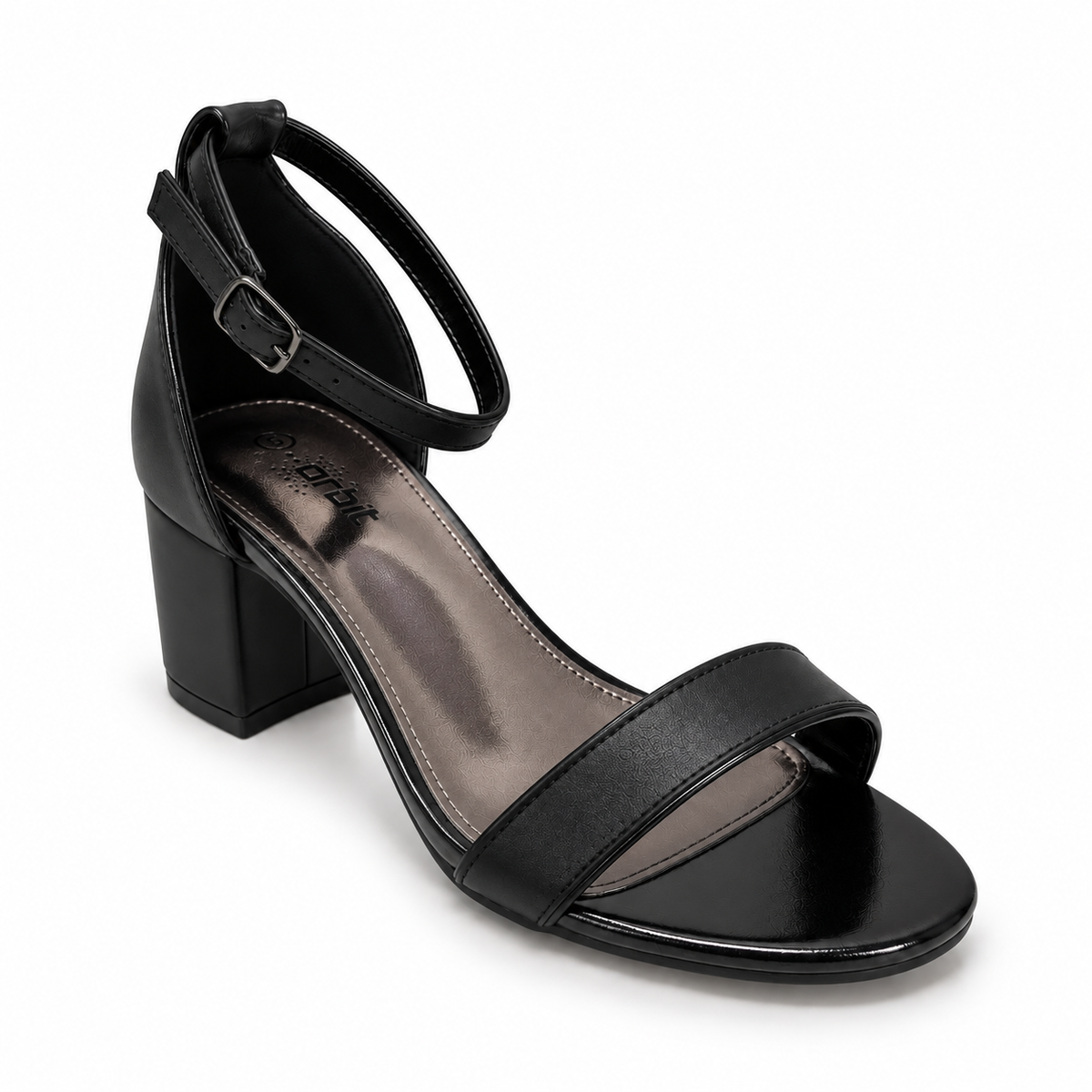 Orbit Single Strap Block Heel Sandal - Black/Gunmetal, three-quarter view