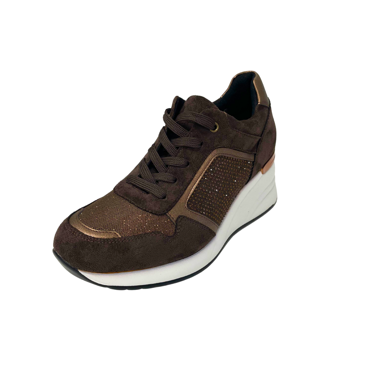 Diamante Lace Up Wedge Sneaker - Brown